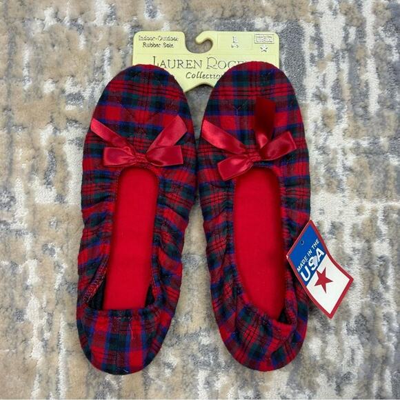 NOS Vintage Lauren Rogers Red Plaid flannel House Shoes Slipper Large - Picture 1 of 5